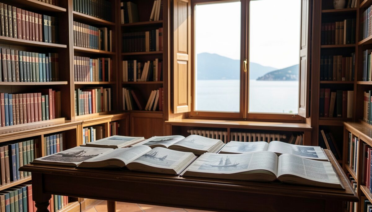 Old library reading room with open books on maritime legends and a large window overlooking a calm Mediterranean sea