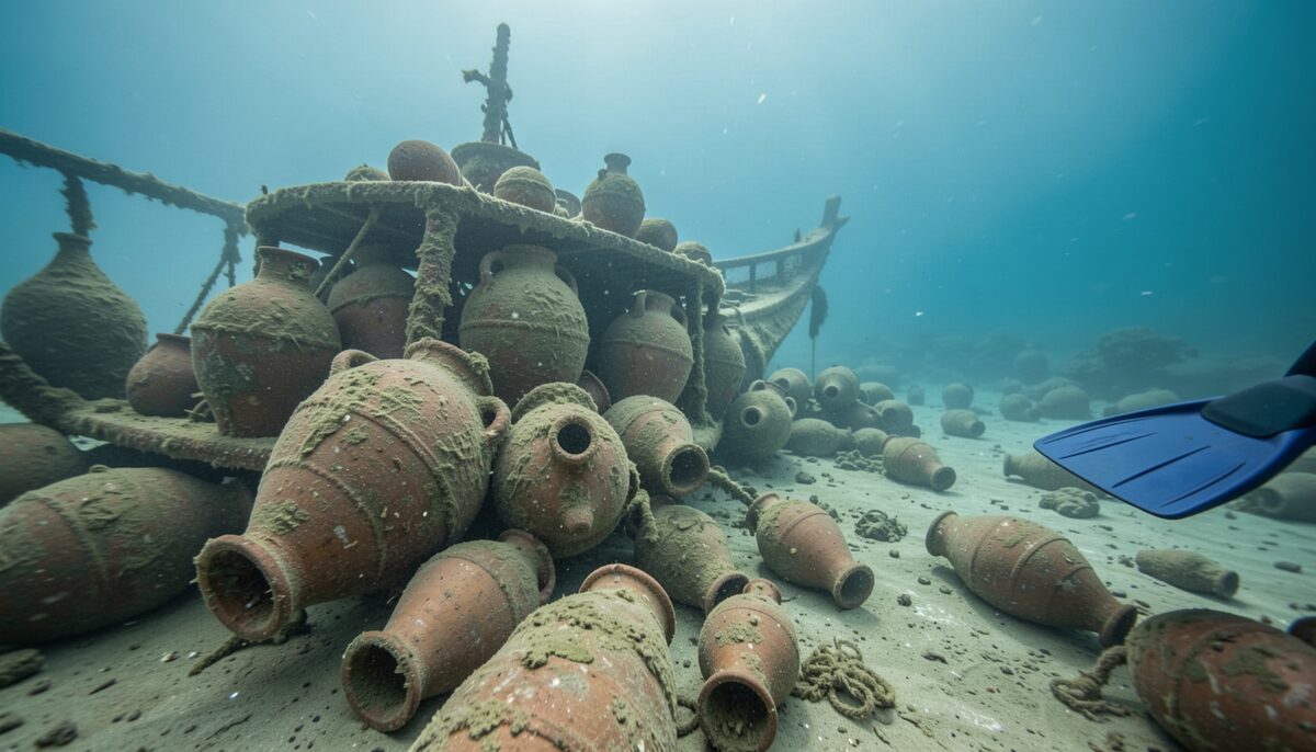Ancient Roman shipwreck cargo of amphorae on the seabed, clear water, diver's fin visible at edge of frame