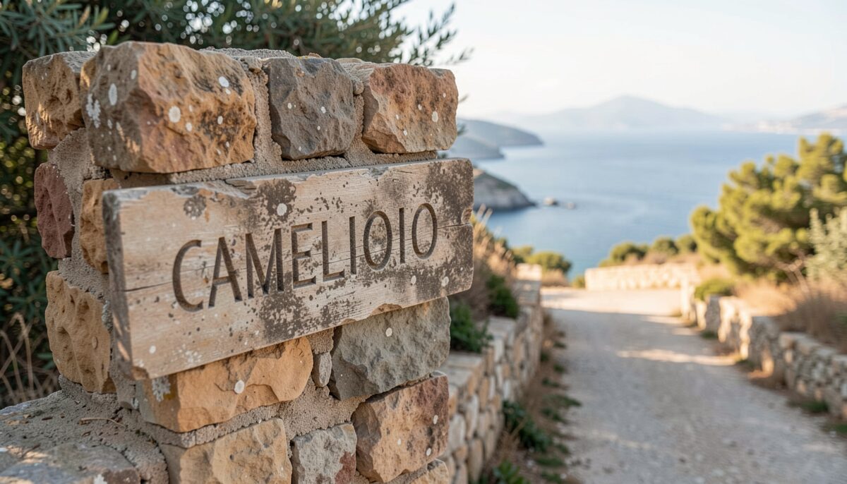 Close up of a weathered stone signpost on a Mediterranean coastal path showing the carved name of a small seaside village, with sea in the distance