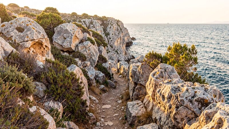 A narrow Mediterranean coastal footpath winding past weathered limestone rocks and low shrubs toward the sea, golden light, no structures