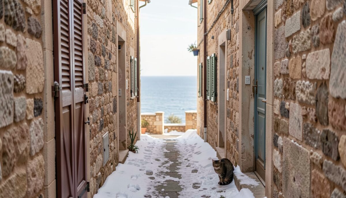 Narrow stone alley in a Mediterranean coastal village in winter, shutters closed, a cat on a step, sea visible at the end of the lane