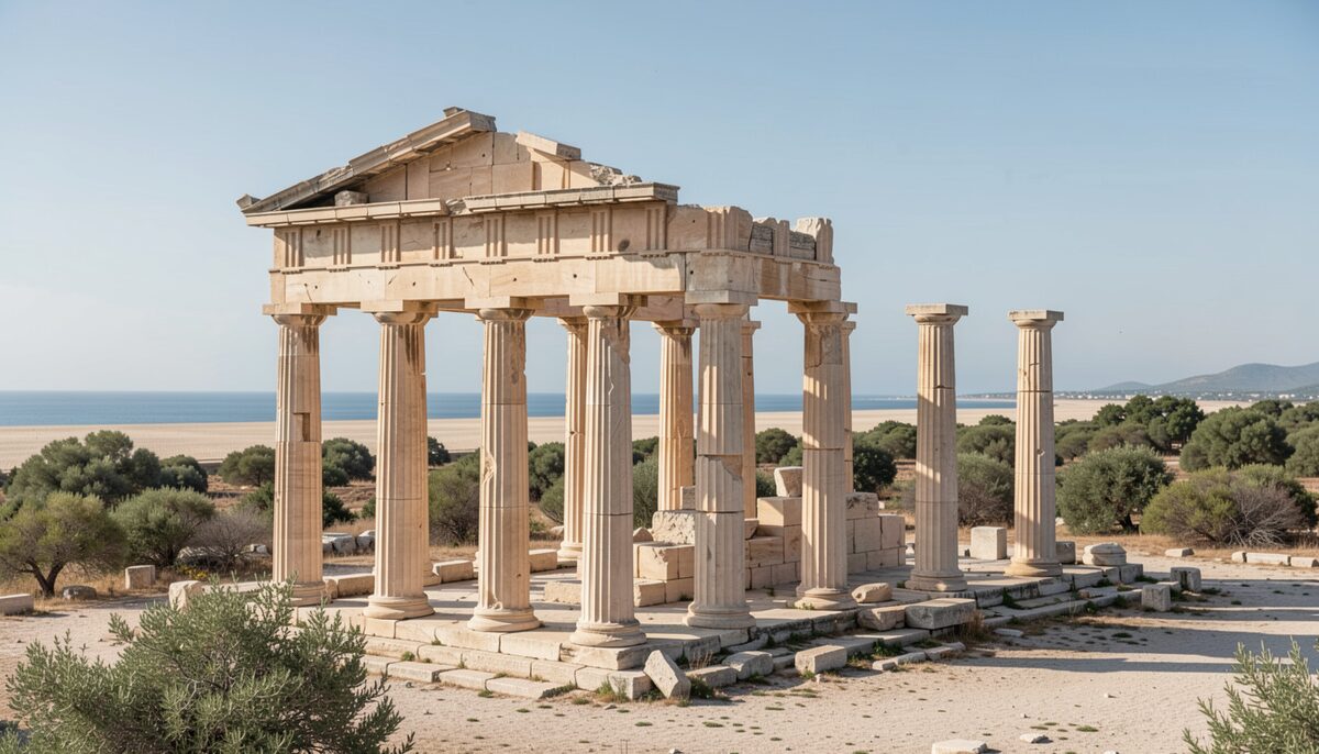 Wide view of ancient Greek temple columns at Paestum with a sandy coastal plain and low Mediterranean scrub in the background under clear morning light